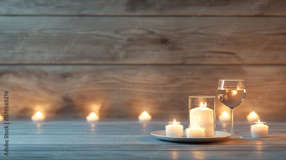 Poster cozy and inviting candlelit dinner setting framed by a warm glowing wall of flames with a rustic woo