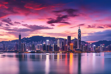 Obraz premium Captivating Cityscape during Vibrant Sunset against Silhouetted Skyscrapers & Serene Mountains