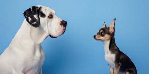A large dog and a small dog sit opposite each other on a blue background, both looking with interest.
