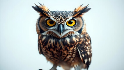 Fototapeta premium Close-up of a majestic owl with yellow eyes, tufted ears, and intricate brown-white feathers