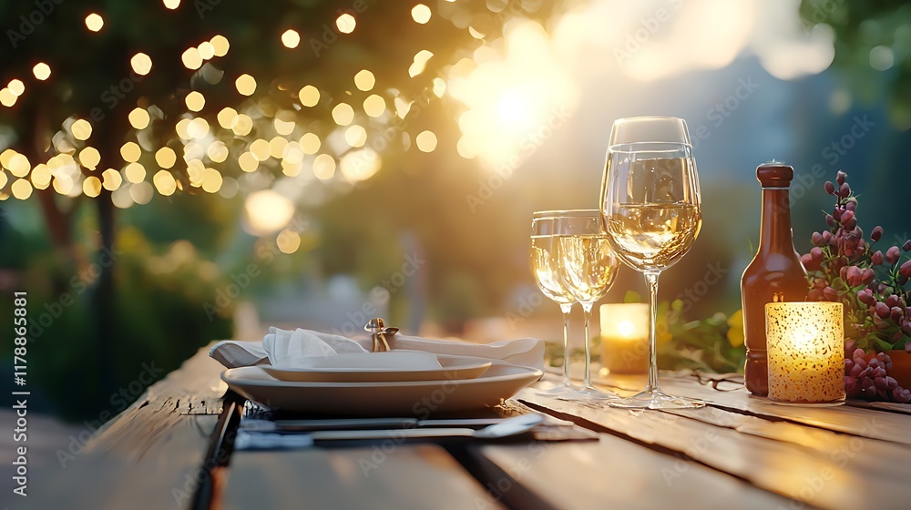 Poster cozy and rustic countryside dinner table setting with wooden tabletop wine glasses flickering candle