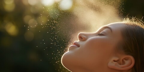 A woman basks in gentle mist, with sunlight and bokeh effect creating a serene and refreshing atmosphere.