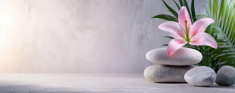 Minimalist spa scene with a pink lily flower smooth stones and tropical leaves soft glowing light enhancing a calming and natural aesthetic