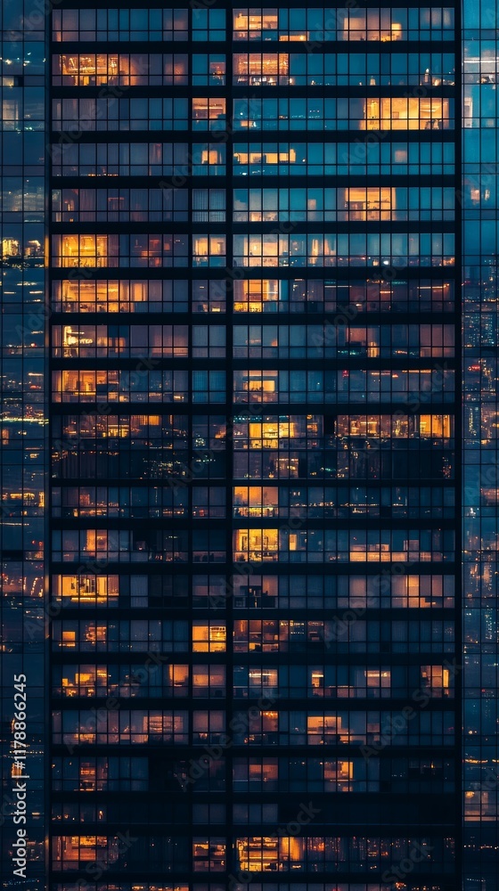Poster a tall building with many windows and a city skyline in the background. the windows are lit up with 