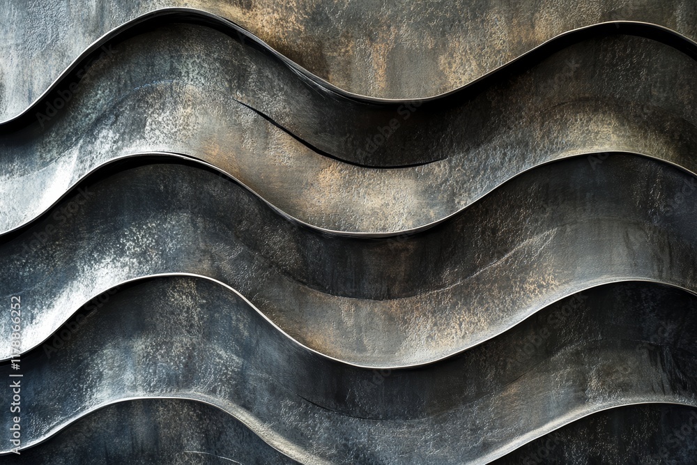 Poster close-up of a textured metallic wave pattern showcasing modern architectural design elements and abs