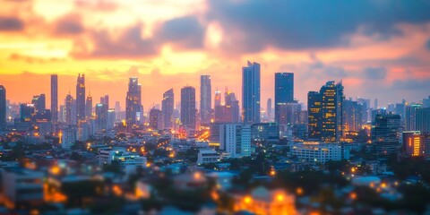 Obraz premium A city skyline at sunset with a warm, orange glow. The city is lit up with lights, creating a beautiful and serene atmosphere