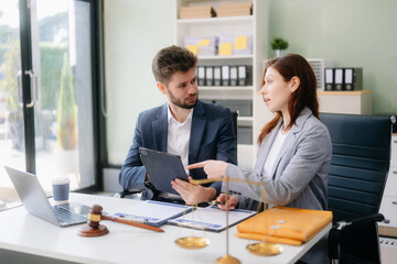 Modern lawyer office a professional discussion, legal documents, and teamwork. Perfect