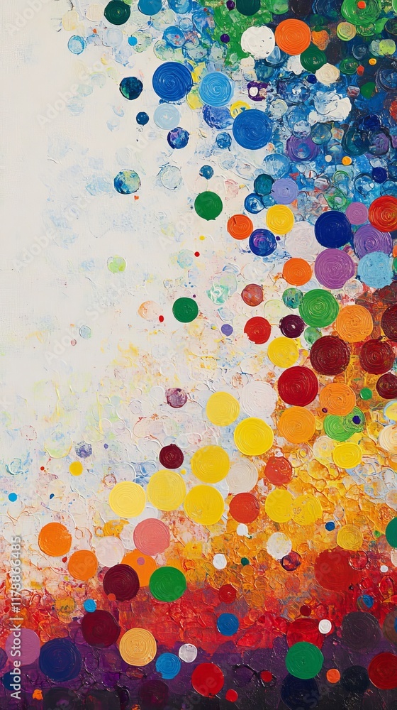 Poster a lively abstract painting featuring a cascade of colorful circles and swirls, creating a dynamic an