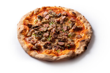 Pizza italiana condita con funghi porcini e salsiccia di maiale 