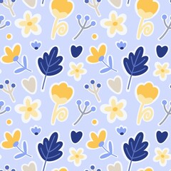 Elegant seamless floral pattern with blue, yellow, and white flowers and leaves on a light blue background. Perfect for textiles, wallpapers, or packaging