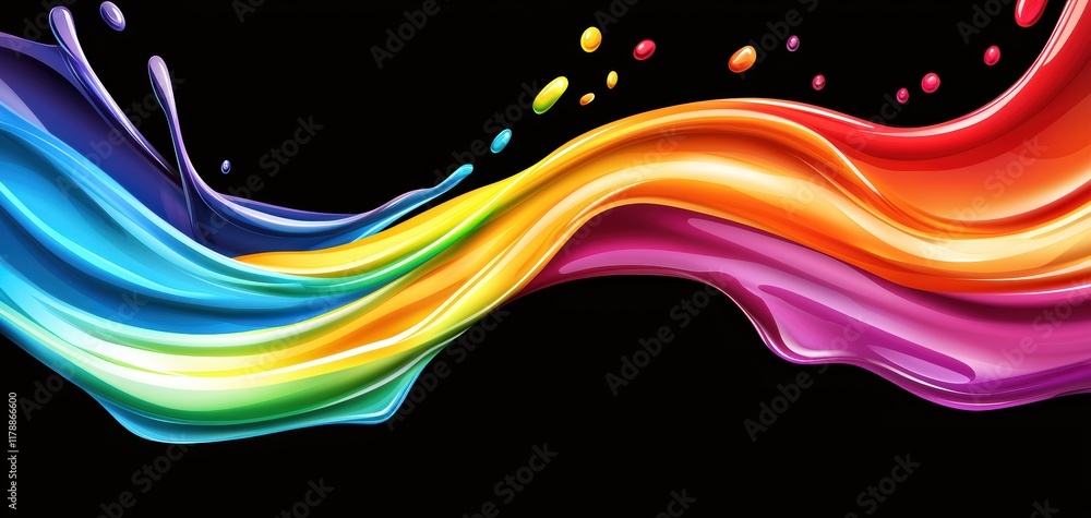 Poster rainbow water splash with intricate droplets and smooth reflections on a dark background creating a 