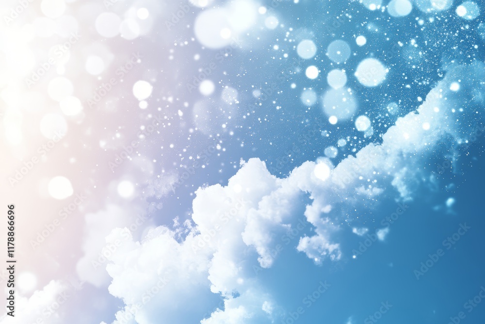 Poster this image features a serene blue sky adorned with fluffy clouds, enhanced by a dreamy bokeh effect.