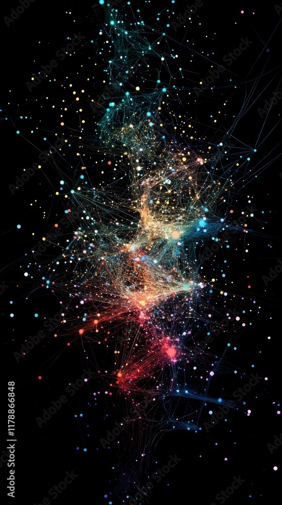 Poster abstract visualization of connected nodes and data in a vibrant, cosmic-inspired network layout