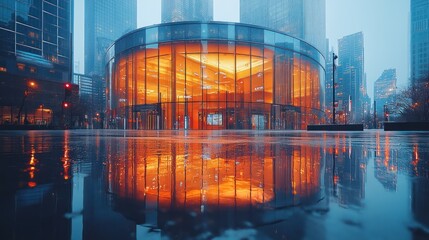 A modern glass building illuminated at night, reflecting in wet pavement.