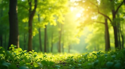 Obraz premium Sunlit Forest: A Tranquil Spring Morning in Lush Green Woods