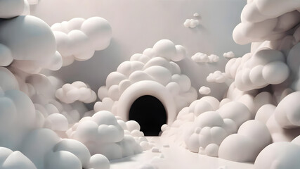 3d render, abstract minimal white and black background with white clouds flying out the tunnel