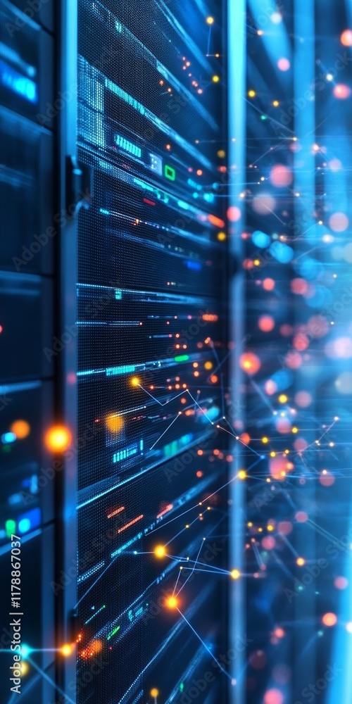 Poster digital data connections in a networked server environment with vibrant lights and systems interacti