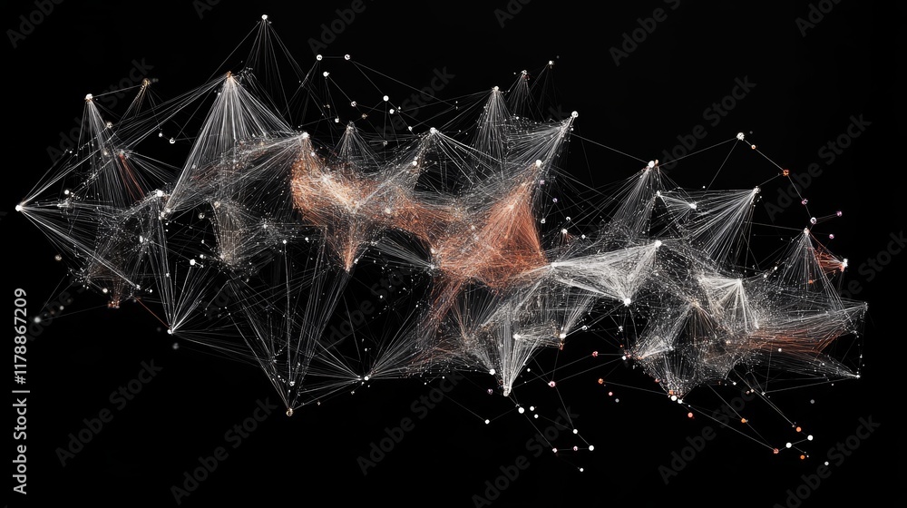 Poster this artistic visualization depicts interconnected data nodes in a complex network structure, showca