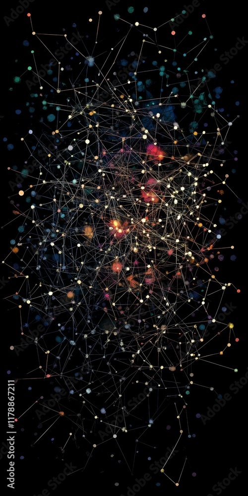 Poster conceptual illustration of digital data points connecting in a network framework against a dark back