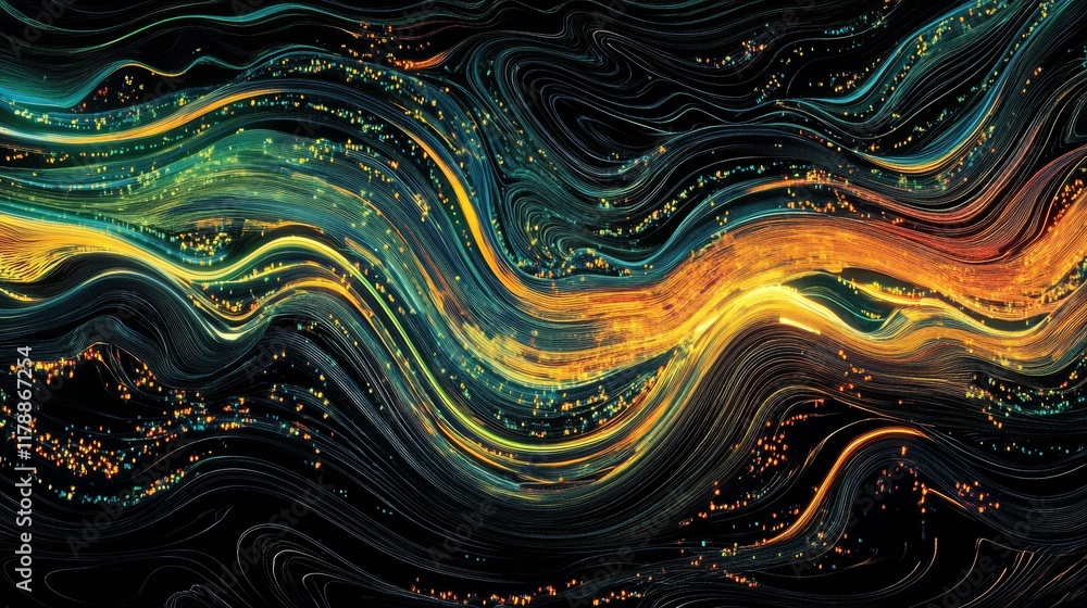 Poster this vibrant abstract image illustrates a flowing stream of colorful data in repeating patterns, enc