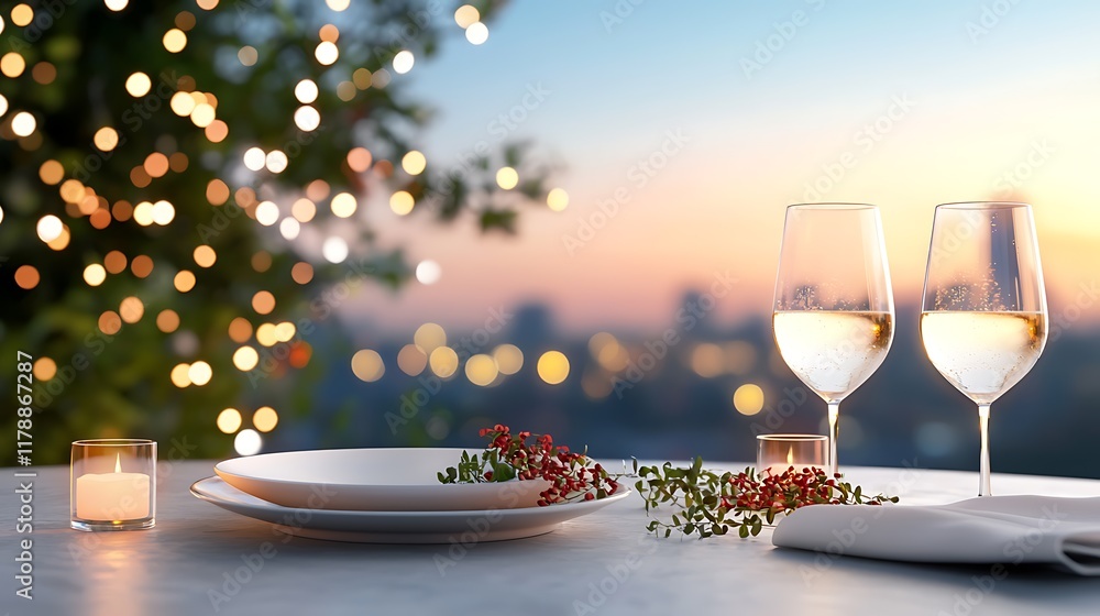 Aufkleber elegant and intimate rooftop dinner setting with a beautiful cityscape view and twinkling city light