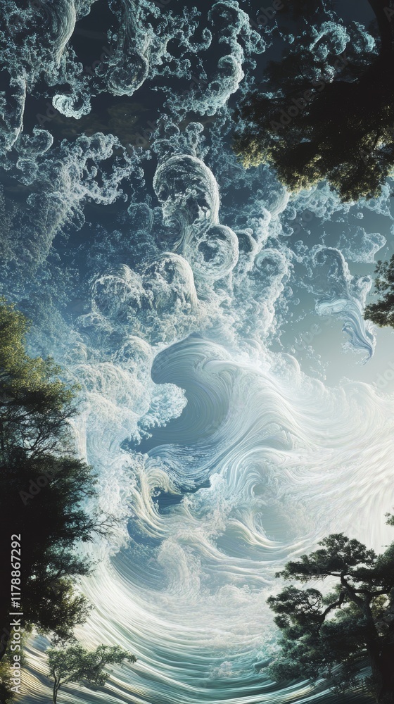 Aufkleber explore a surreal artwork featuring abstract fluid patterns and a dreamlike landscape, merging data 