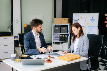 Modern lawyer office a professional discussion, legal documents, and teamwork. Perfect