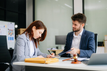 Obraz premium Modern lawyer office a professional discussion, legal documents, and teamwork. Perfect