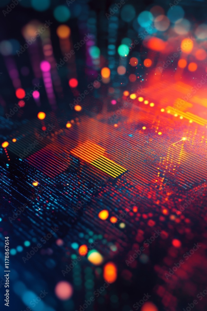 Poster colorful abstract digital background with information patterns and bright bokeh lights for modern de