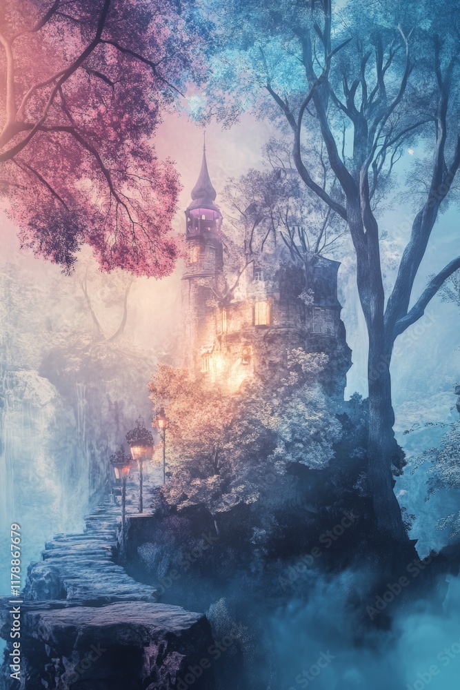 Poster experience a dreamy surreal environment featuring a mystical castle surrounded by vibrant trees and 