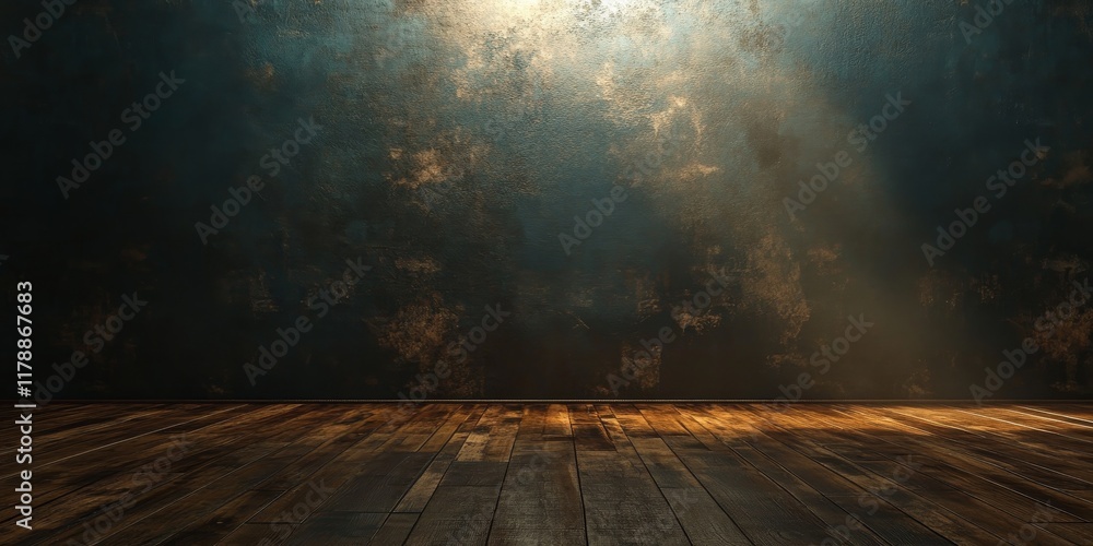 Aufkleber a rustic interior featuring a wooden floor and a textured wall illuminated by dim light, creating a 