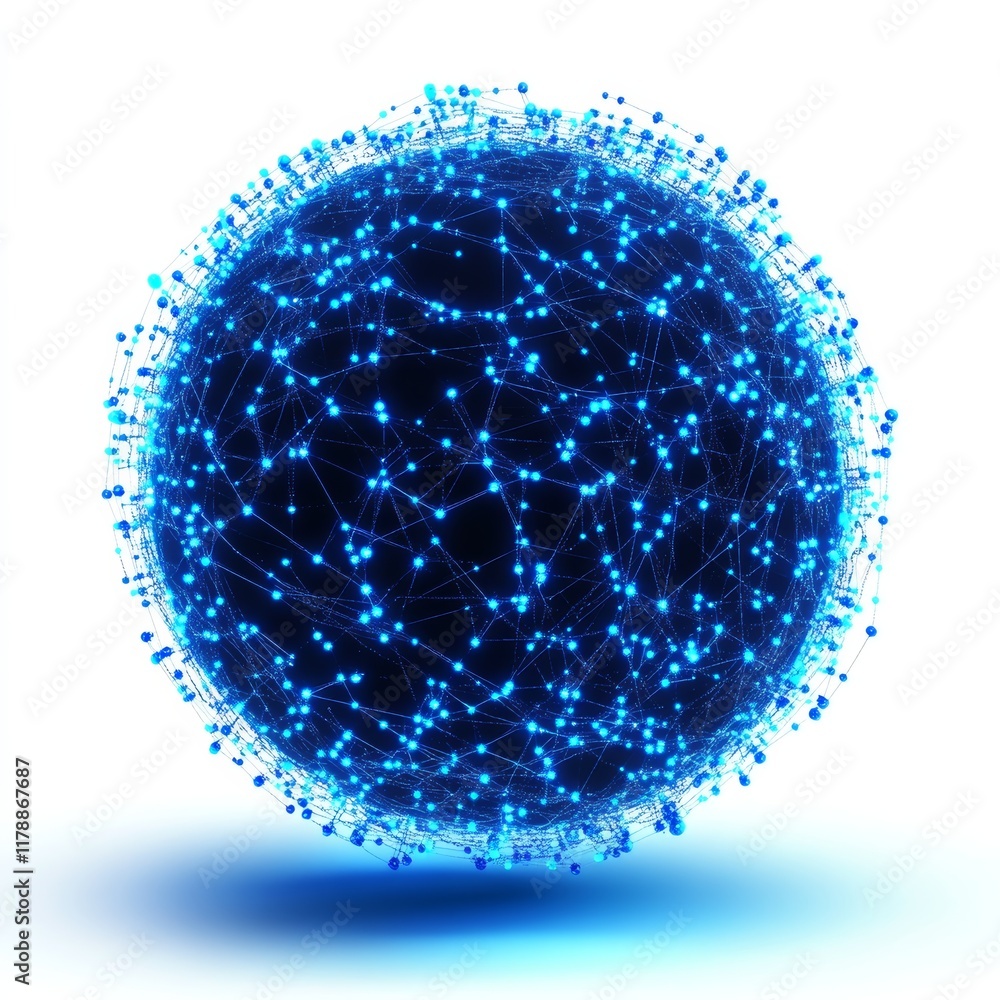 Poster abstract digital globe with interconnected nodes glowing in blue and black on a white background