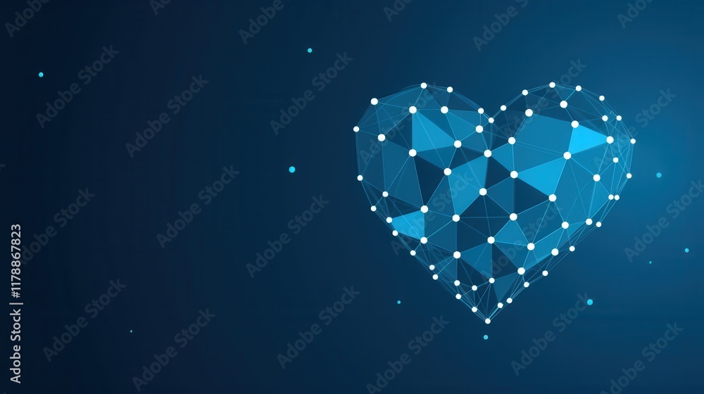 Poster abstract heart icon created with lines, triangles, and points in a minimalist style against a dark b
