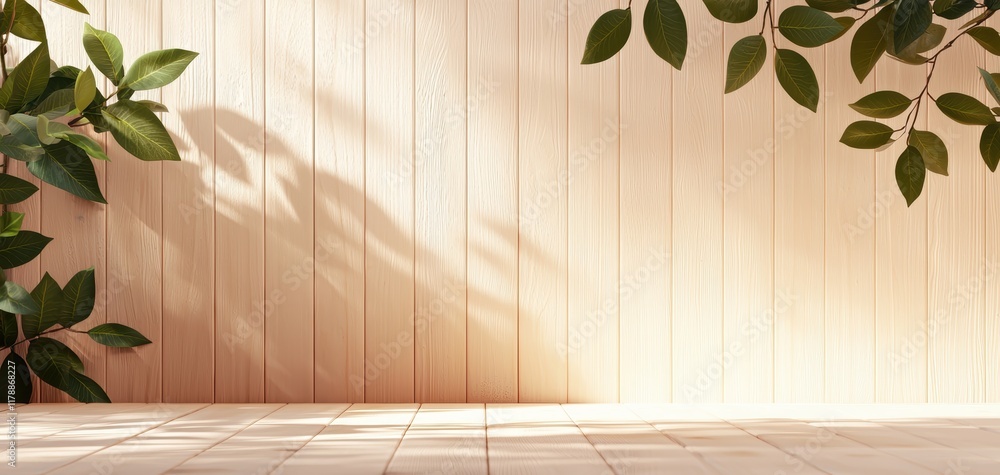 Poster warm rustic wall surface with delicate shadow patterns and wooden detail creating a tranquil and org