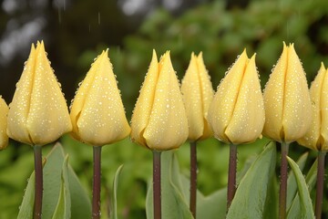 Rain-kissed yellow tulips blooming in garden
