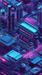 Fototapeta premium A vibrant futuristic cityscape illuminated by neon pink and blue lights, showcasing a high-tech urban environment at night.