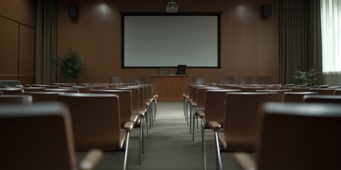 A professional conference room with rows of empty chairs facing a large screen, prepared for a meeting.