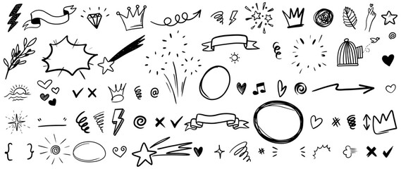 Hand drawn doodle style collection of heart, scribble, star, check mark, spirals, arrow, highlight, speech bubble, underline, sparkles, leaves, wind, lightning, and emphasis element.