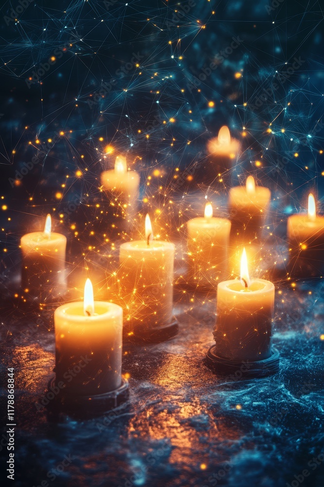 Poster a serene display of glowing candles surrounded by ethereal lights, creating a tranquil atmosphere pe