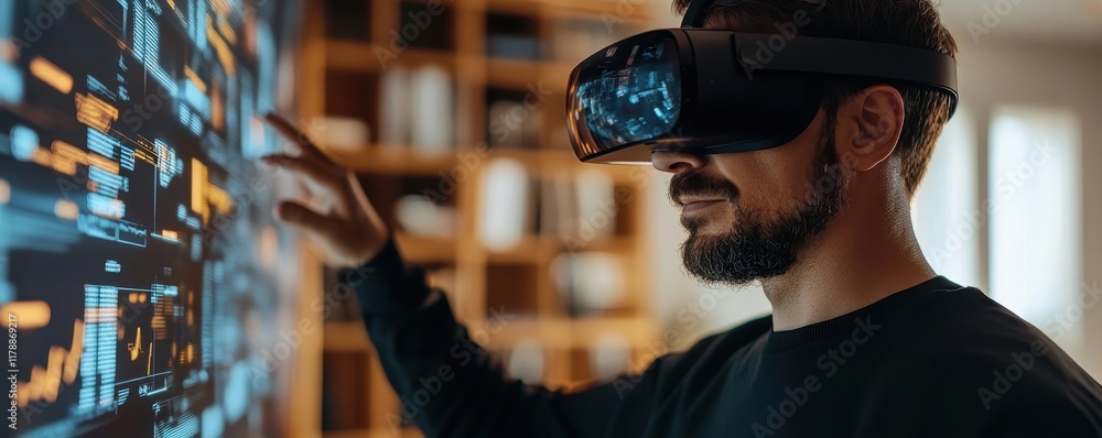 Poster portfolio manager calculates cryptocurrency risks using augmented reality technology in the office