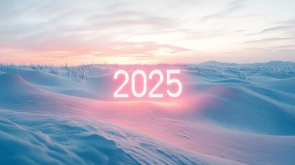 A glowing "2025" suspended over an endless expanse of snow dunes