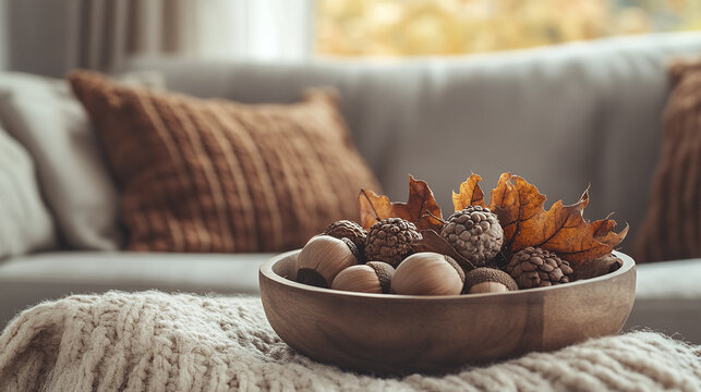 cozy autumn inspired home decor with wooden bowl of acorns and leaves