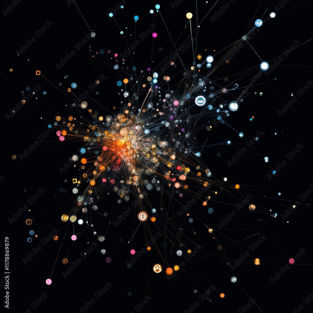 Poster abstract network visualization with colorful nodes on dark background representing big data connecti