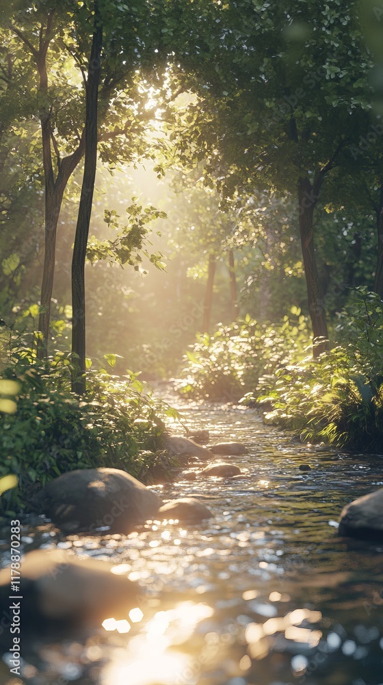 Poster a tranquil scene of a forest stream illuminated by soft sunlight filtering through lush trees. a ser