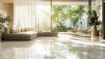 Fototapeta premium Bright and airy living room with a modern sofa, large windows, and lush greenery, creating a serene indoor-outdoor atmosphere.