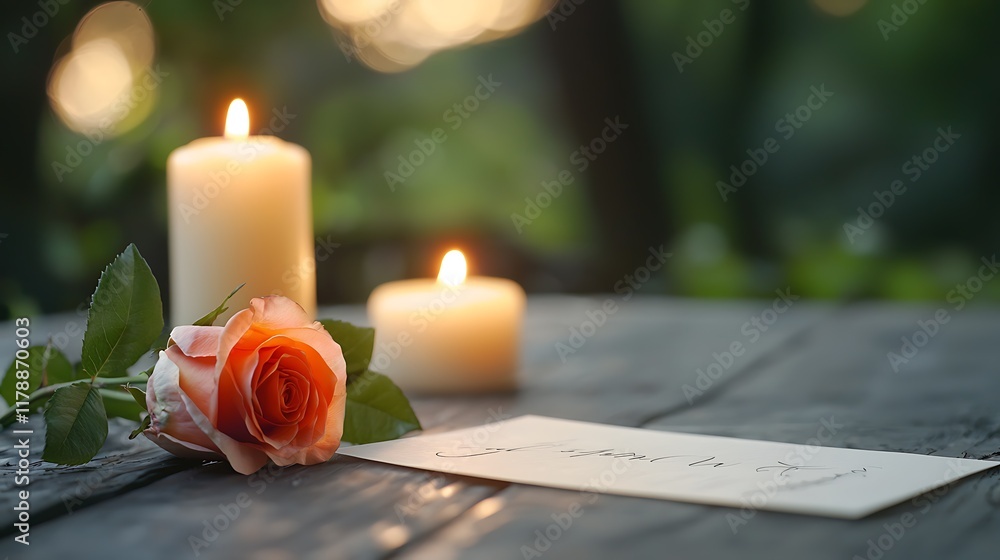 Poster elegant table setting featuring lit candles a single rose and a handwritten menu creating a warm int