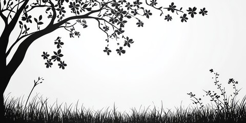 Black silhouette of a tree with blossoms and grass on a white background, offering a tranquil and minimalist nature scene.