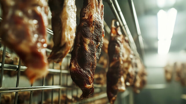 Hanging cuts of fresh meat in a rustic meat processing facility captured with wide angle realism - Powered by Adobe