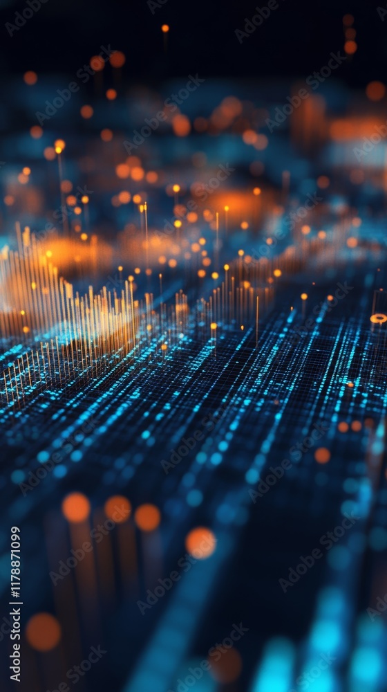 Poster futuristic abstract data visualization with glowing lines and dots in blue and orange shades