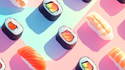 Discover a vibrant display of sushi artfully arranged on a bright background. This colorful composition showcases various sushi rolls, inviting taste and creativity.